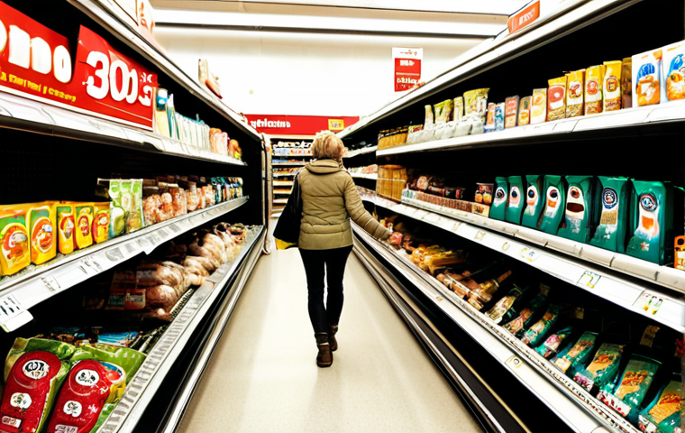 **

A bustling German supermarket aisle. Shelves are stocked with groceries, many priced ending in .99 (e.g., 4.99€). Focus on a shopper reaching for a product, seemingly drawn in by the "odd-ending" price. Subtle details like recognizable German brands and signage in German will enhance the scene. The style should be realistic, like a candid photograph.

**