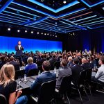 Home 17 뉴로마케팅 기법을 활용한 이벤트 마케팅 - Sound & Emotion**
"A modern event space, filled with attendees enjoying a product presentation. Upb...